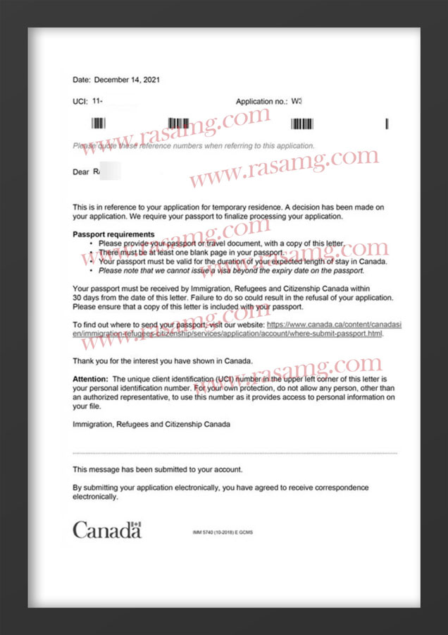 نمونه اقامت اخذ شده برای ثبت شعبه شرکت در کانادا